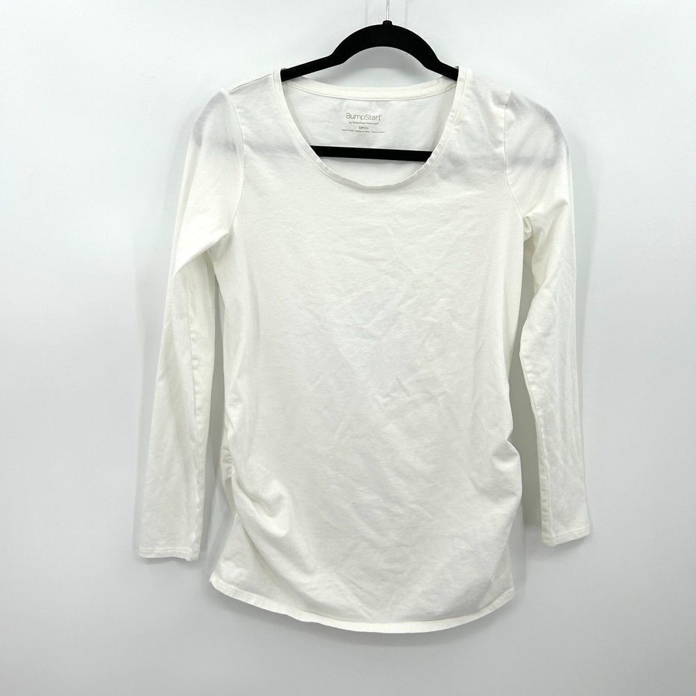 BUMPSTART Maternity White Long Sleeve Crew Neck Ruched Sides Shirt Size Small